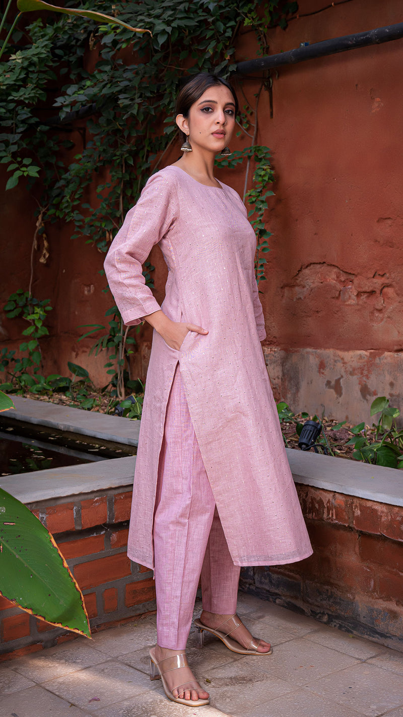 Hasti Embellished Pure Linen Kurta + Pants - Pastel Pink – EeshvaIndia